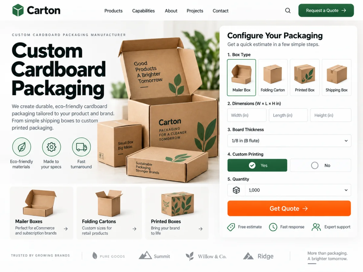Carton manufacturing calculator embedded on a client website