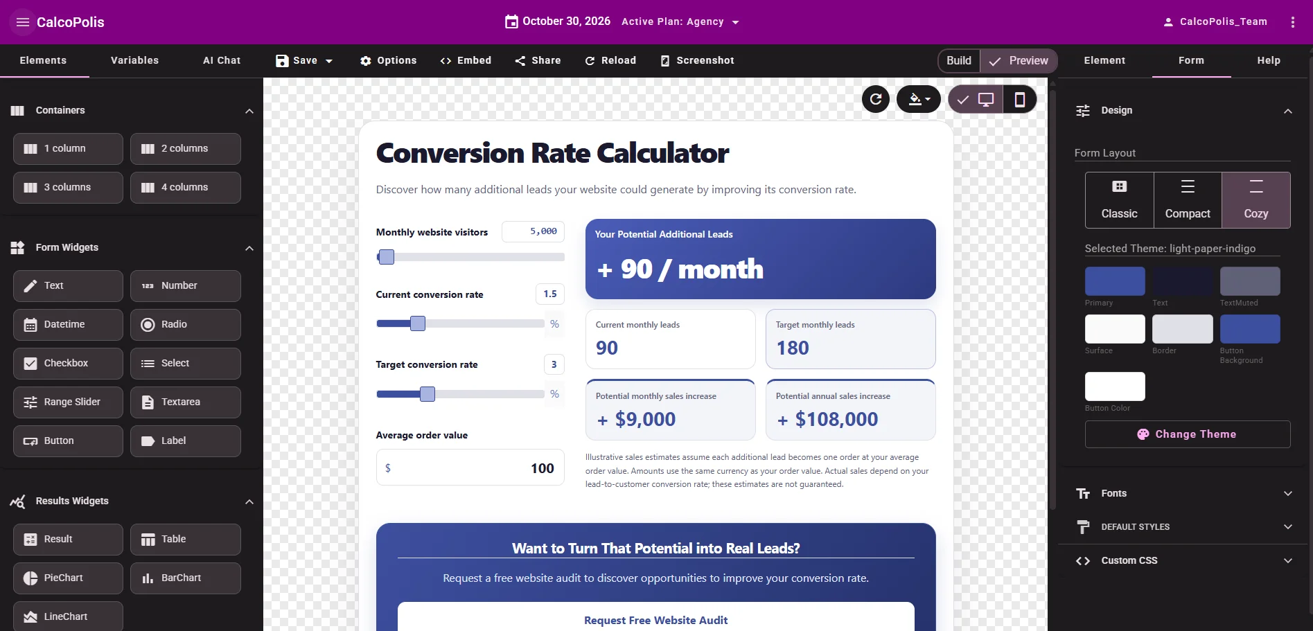 Calcopolis visual Builder for designing a lead generation calculator form and layout