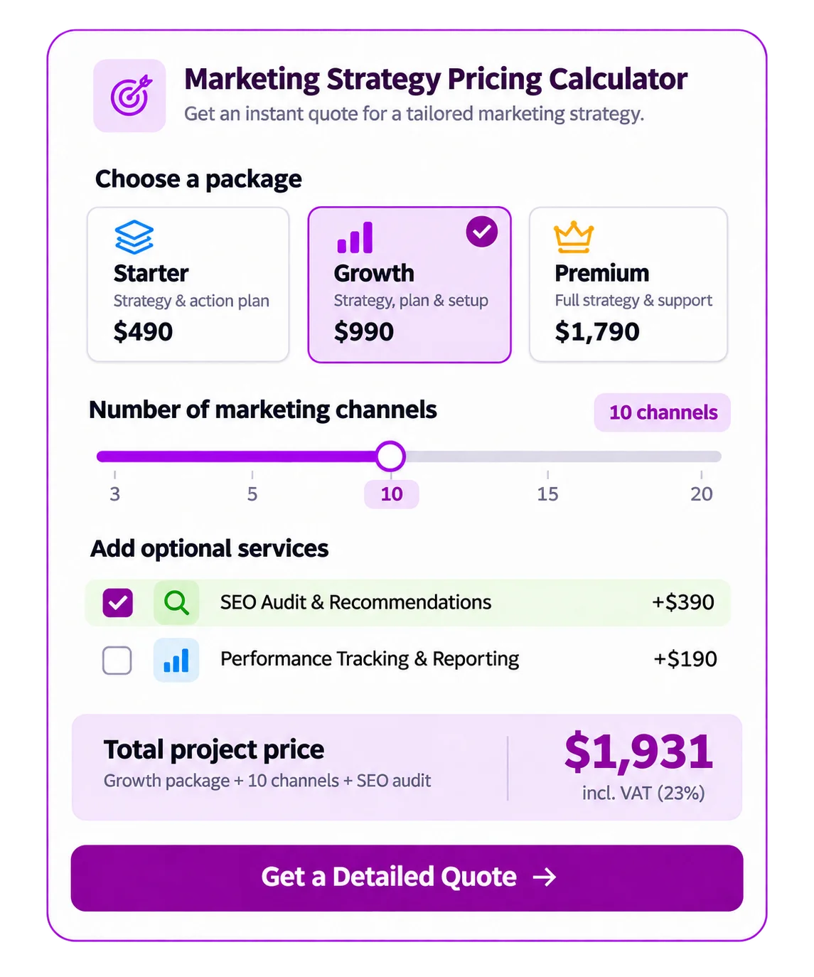 Packages and tax breakdown in a pricing calculator