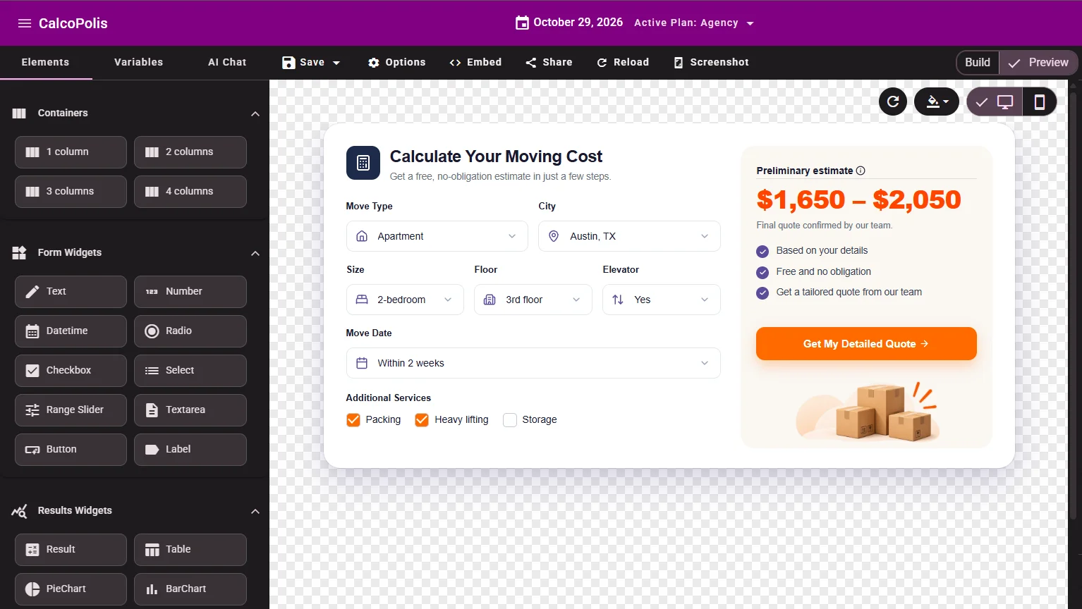 Visual builder for adding calculator input fields