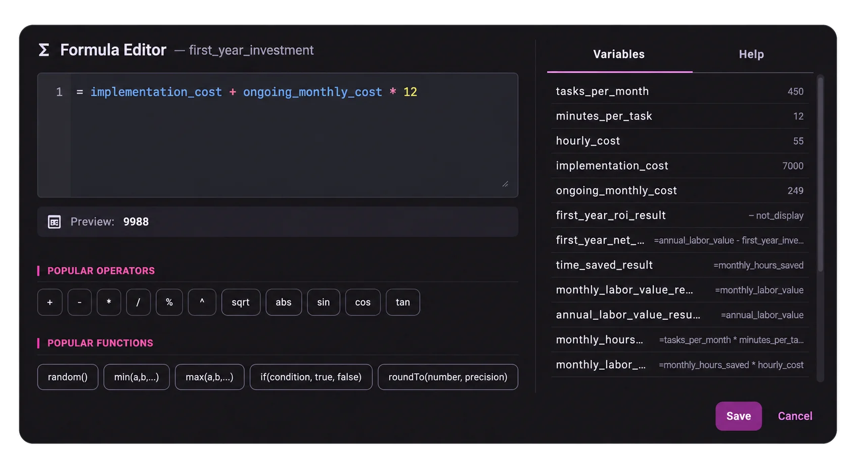 formula editor for customizing calculator assumptions and results