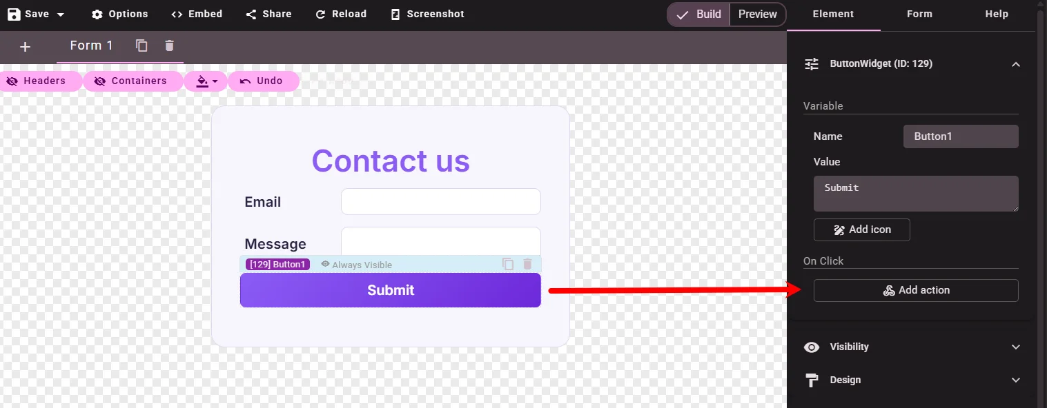 Connect Save Lead action in Widget Actions dialog
