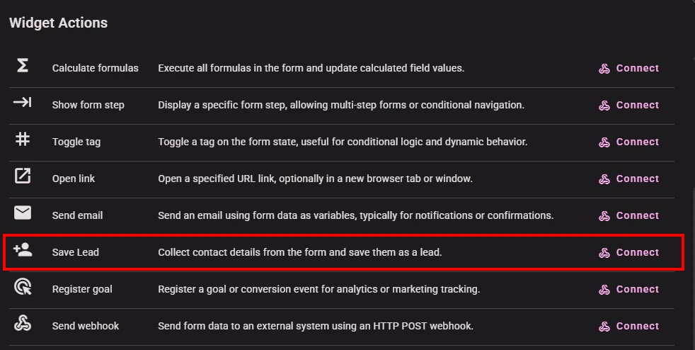 Connect Save Lead action in Widget Actions dialog