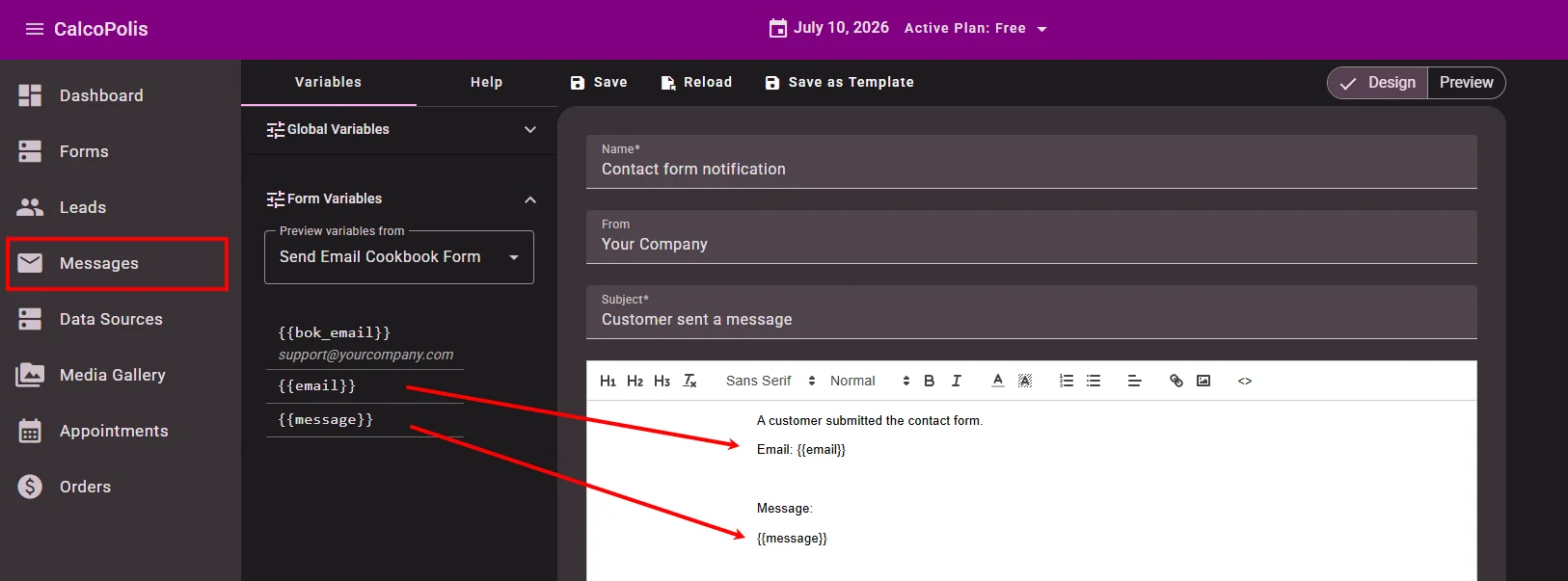 Message template with subject and variable placeholders