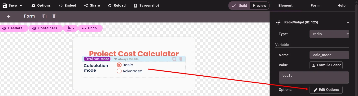Project Cost Calculator header and Basic or Advanced radio options