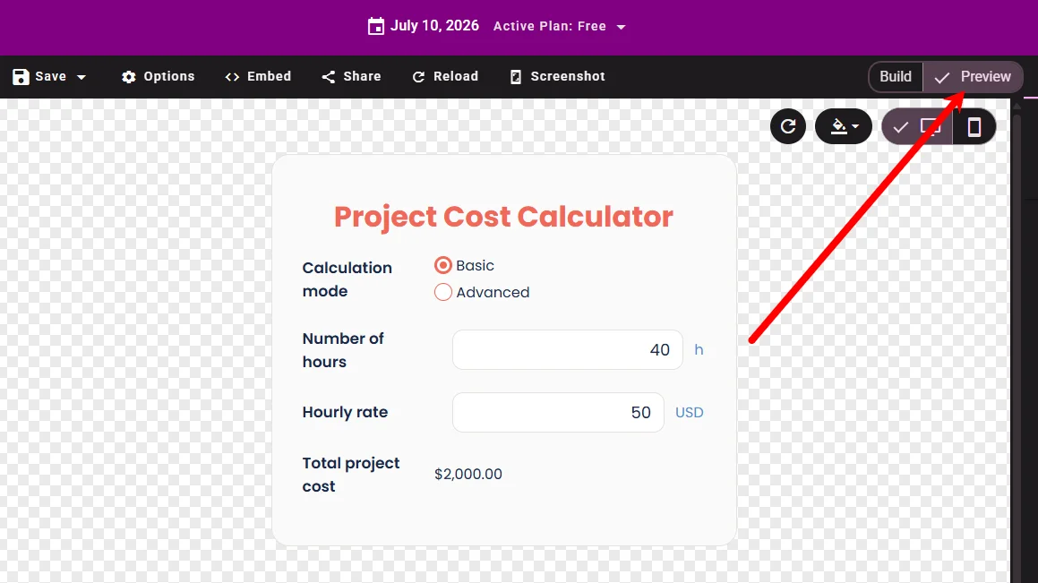 Advanced mode with extra costs, discount, and calculated total