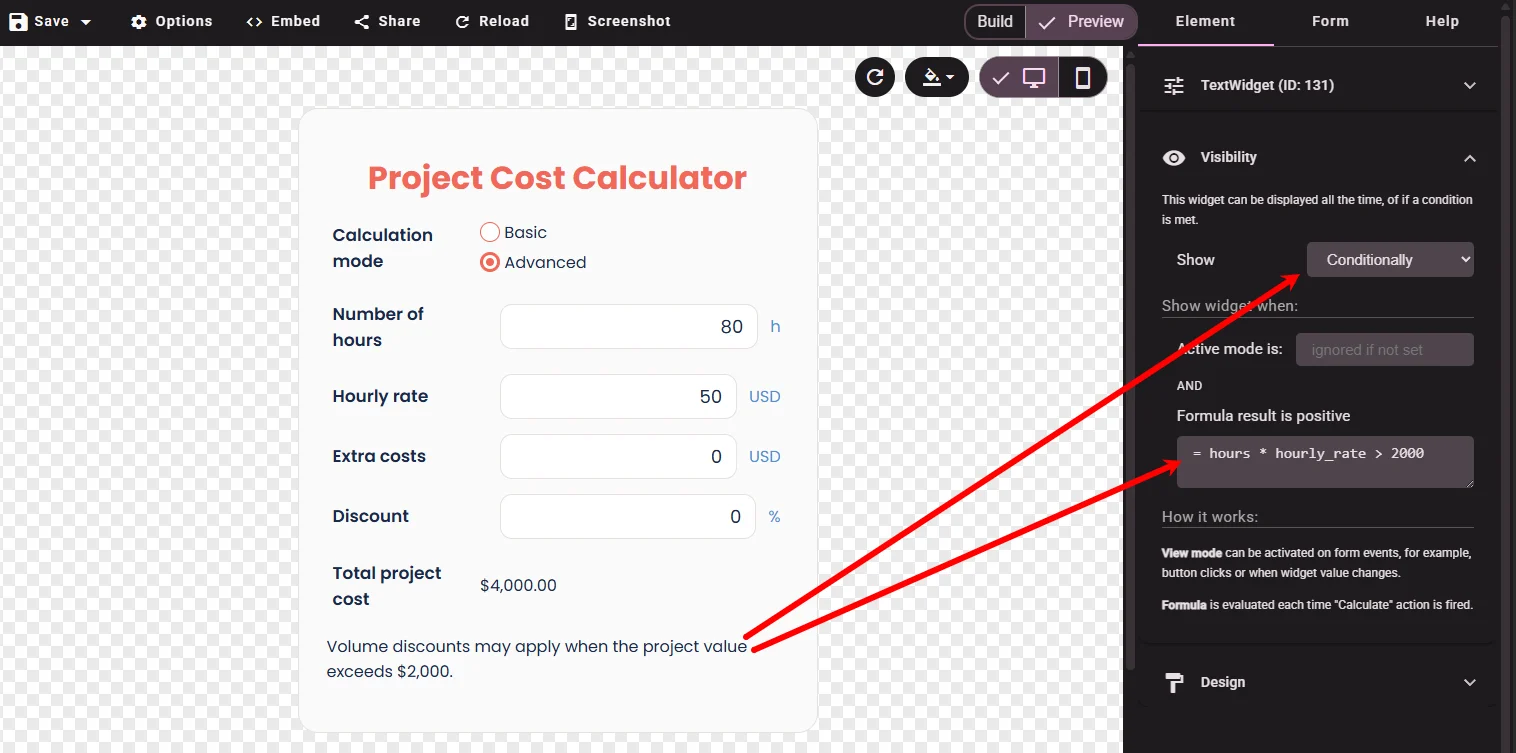 Volume discount hint visible when project value exceeds two thousand dollars