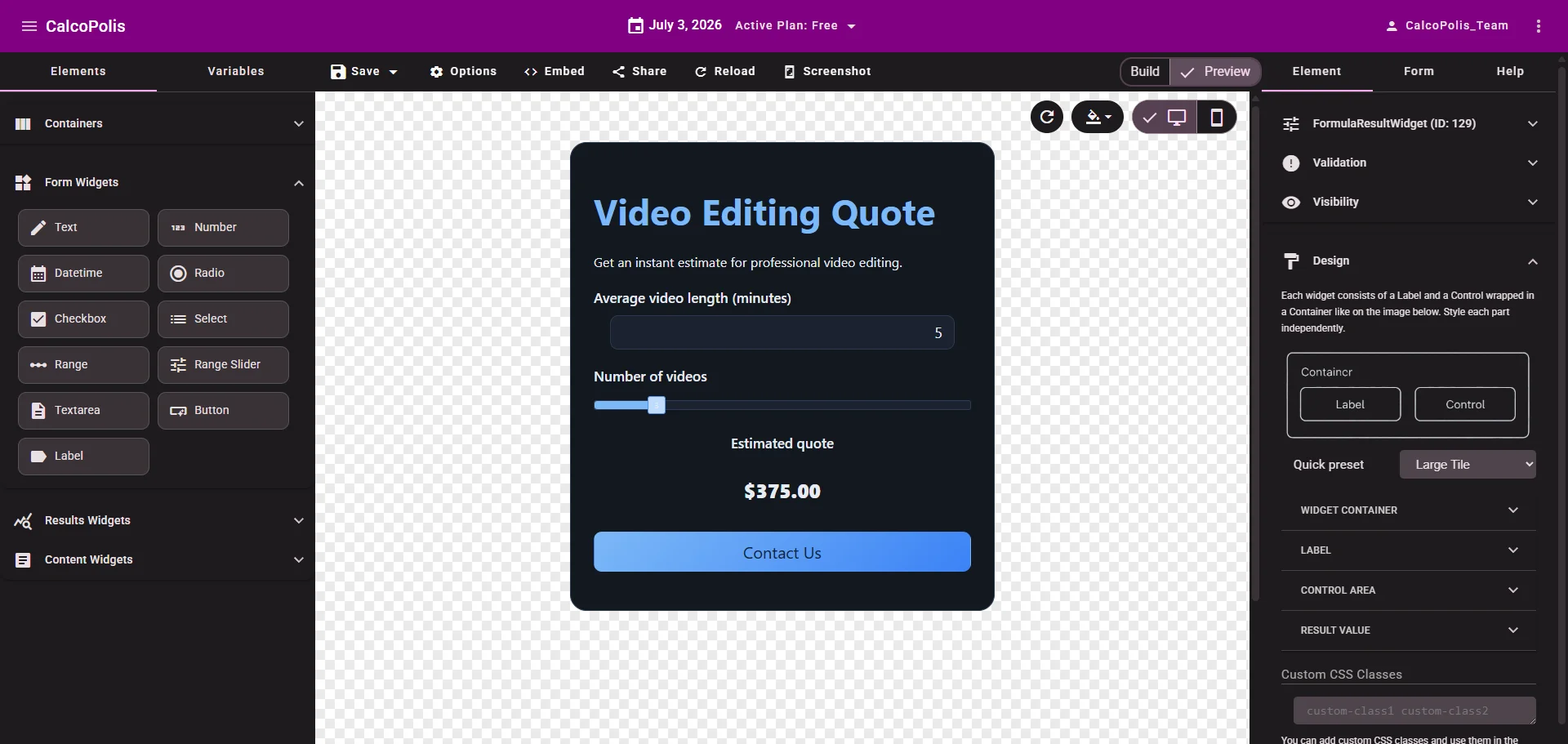 Preview of the quote step