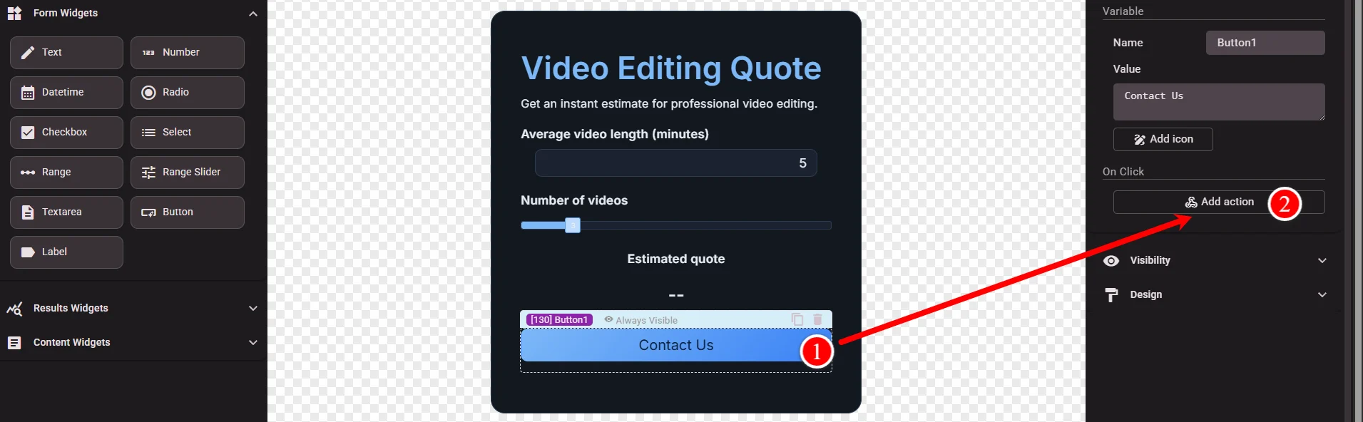 Show Form action on Contact Us