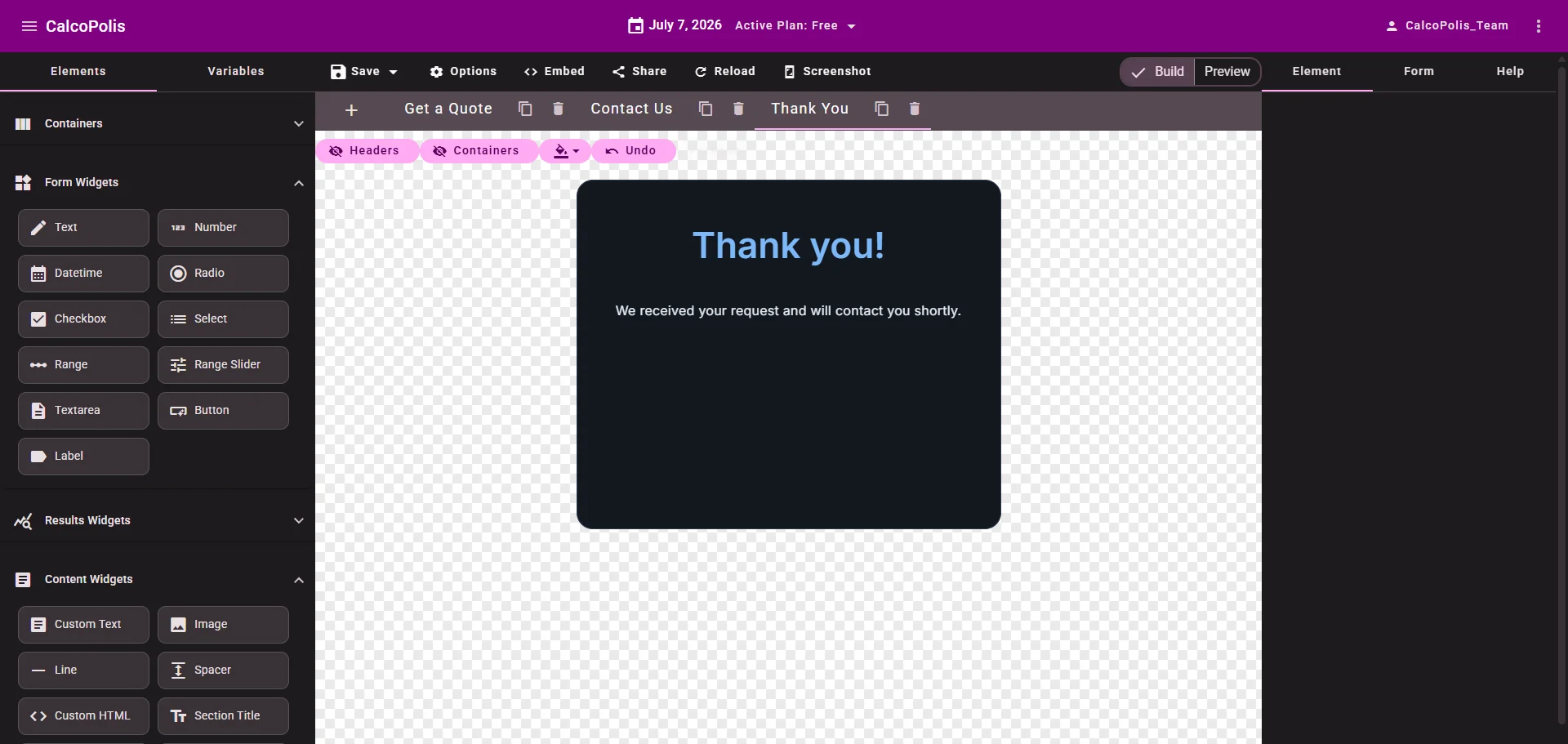Thank You form content