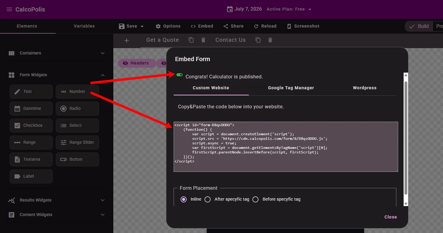 Embed code dialog