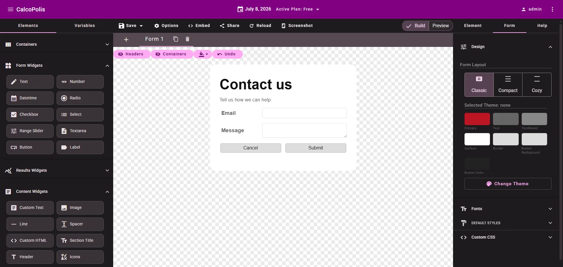 Contact form with Submit and Cancel buttons on the canvas