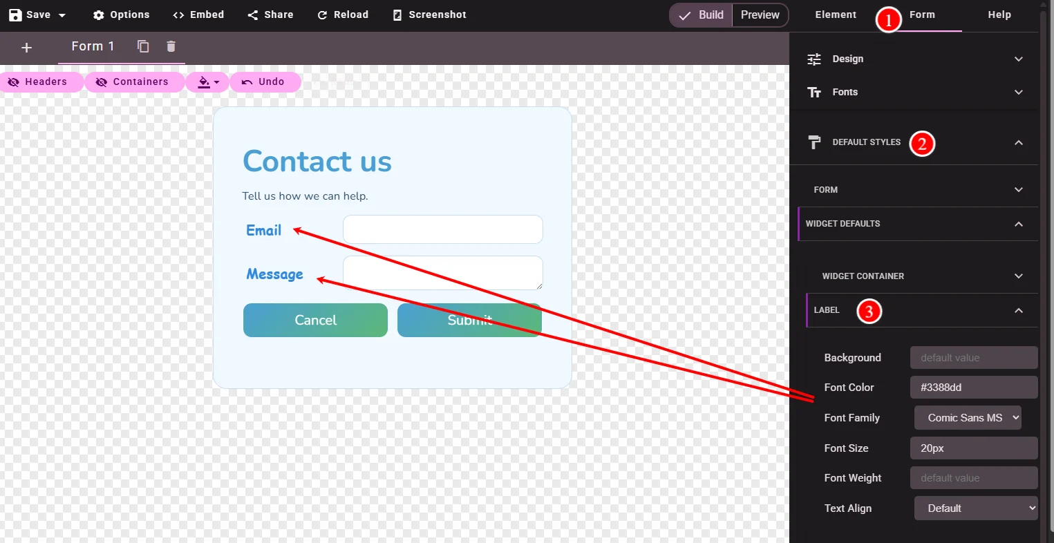 Default Styles Form and Widget defaults sections