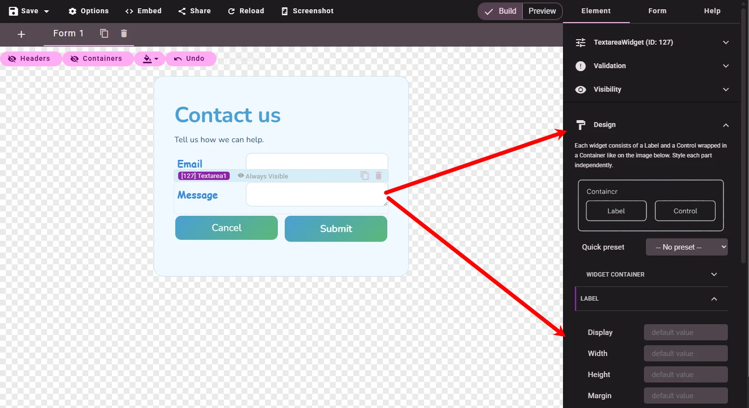 Per-widget Design sections for widget parts