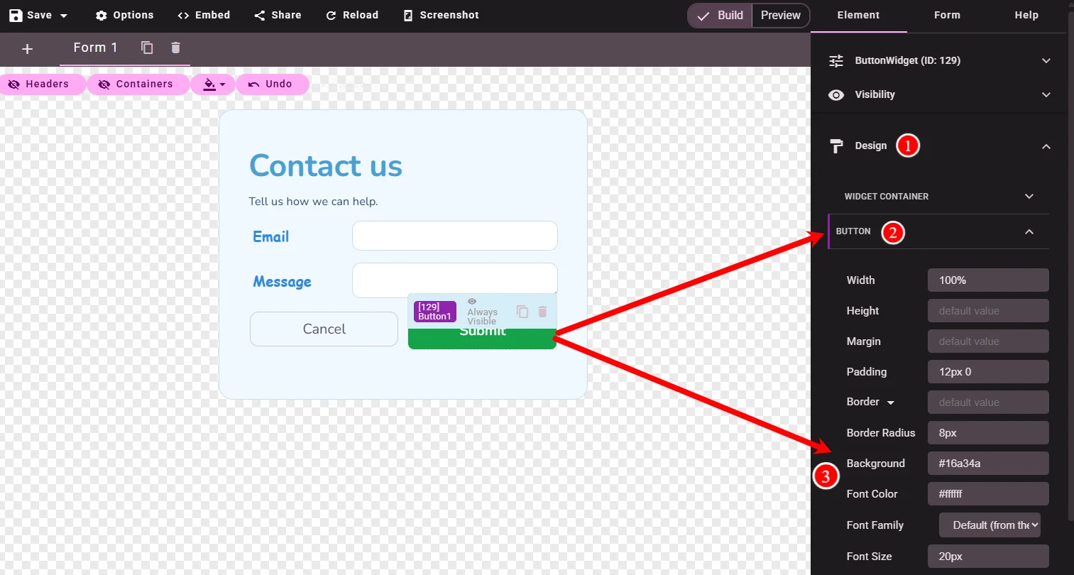 Submit and Cancel buttons with different colors