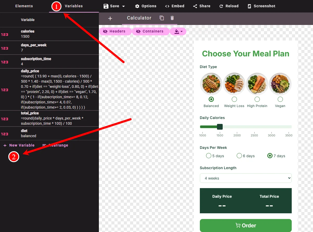 Variables list in the builder sidebar