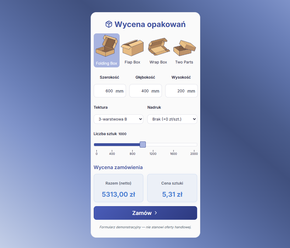 Demo kalkulatora wyceny opakowań na zamówienie wykonanego przez RR-Soft